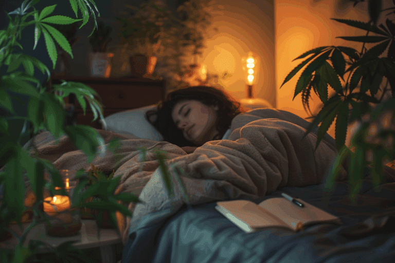 A woman sleeps peacefully in a cozy, softly lit bedroom with a journal, tea, and a small potted cannabis plant in the background. The setting suggests a calm, intentional nighttime wellness routine.